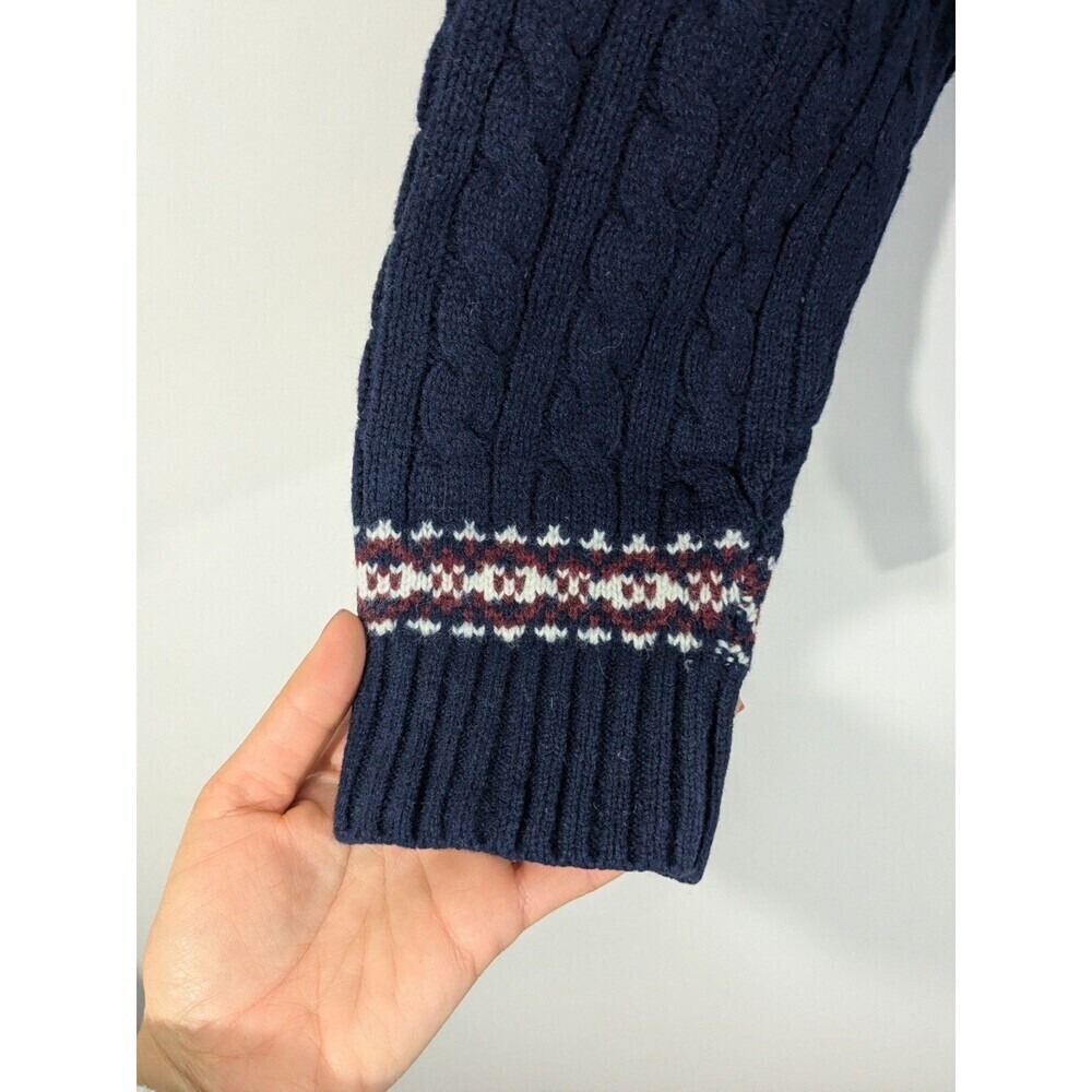 Lands End Men's Lambswool Cable Knit Fair Isle Sweater Navy Shawl Collar Sz XL - Picture 7 of 10